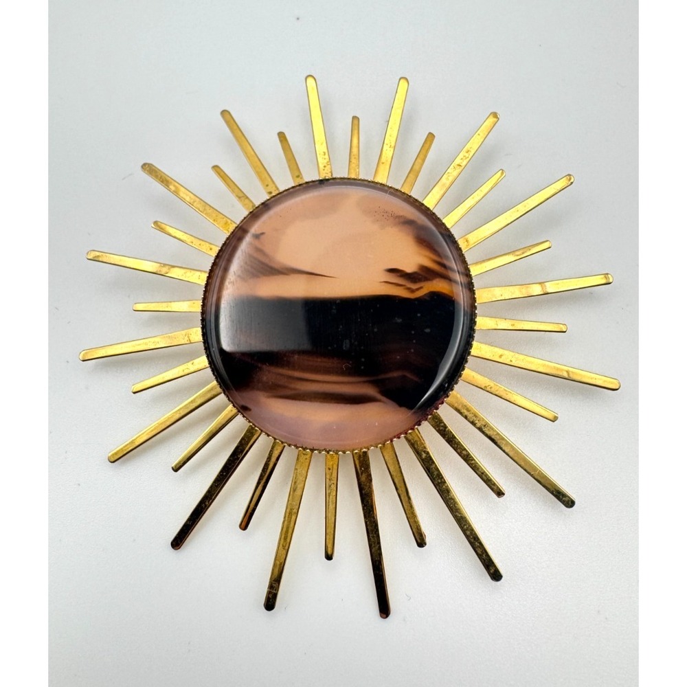 Vintage Sunburst Brooch Large Brown Banded Agate Cabochon MCM Gold Tone